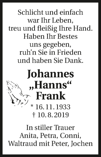 Traueranzeige von Johannes Frank 