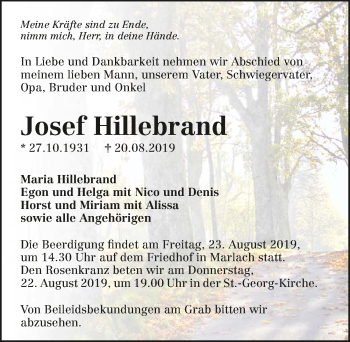 Traueranzeige von Josef Hillebrand 