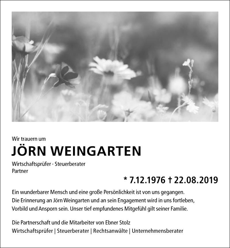  Traueranzeige für Jörn Weingarten vom 31.08.2019 aus 