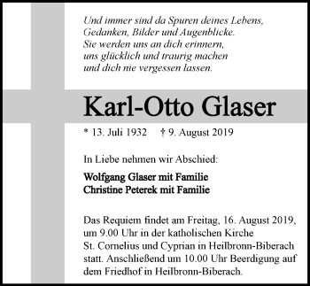 Traueranzeige von Karl-Otto Glaser 