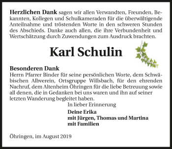 Traueranzeige von Karl Schulin 