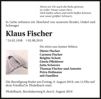 Traueranzeige von Klaus Fischer 