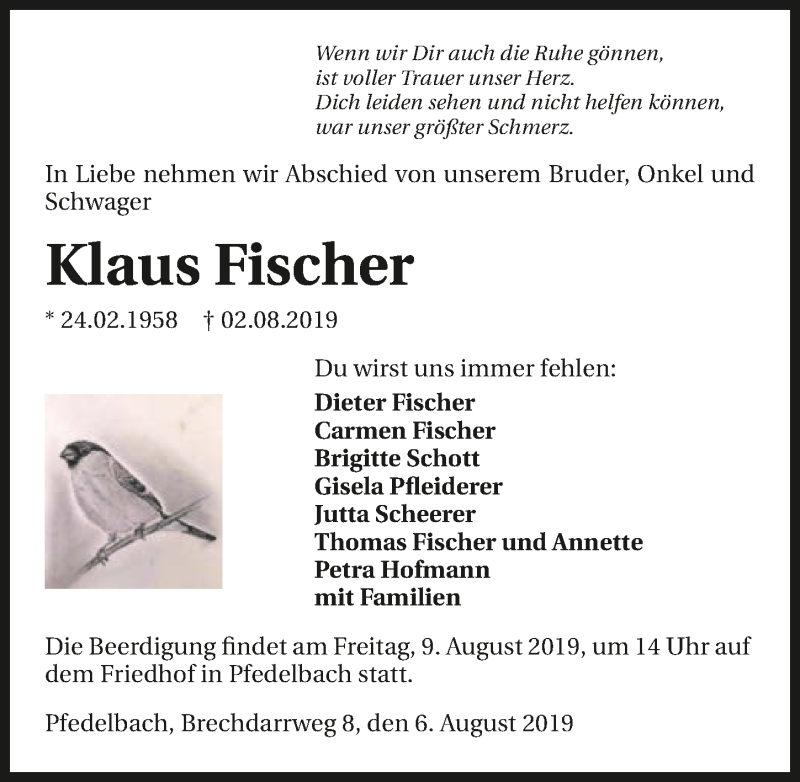  Traueranzeige für Klaus Fischer vom 06.08.2019 aus 