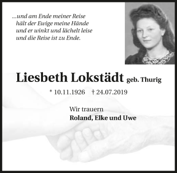 Traueranzeige von Liesbeth Lokstädt 