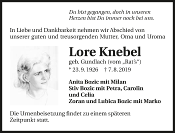 Traueranzeige von Lore Knebel 