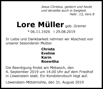 Traueranzeige von Lore Müller 