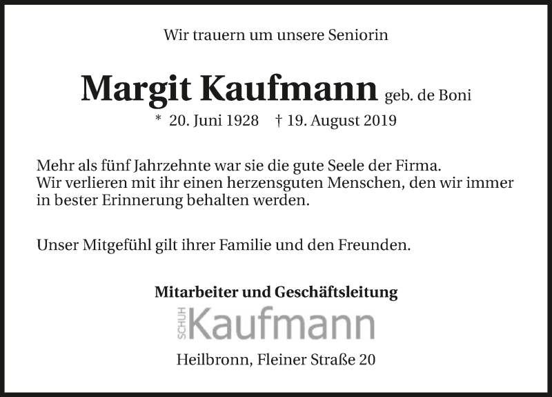  Traueranzeige für Margit Kaufmann vom 21.08.2019 aus 