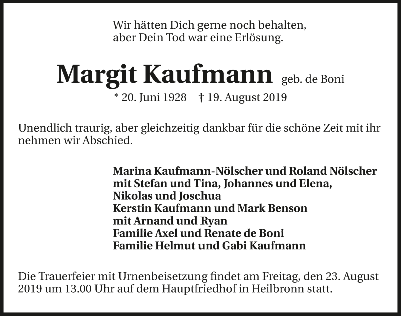  Traueranzeige für Margit Kaufmann vom 21.08.2019 aus 