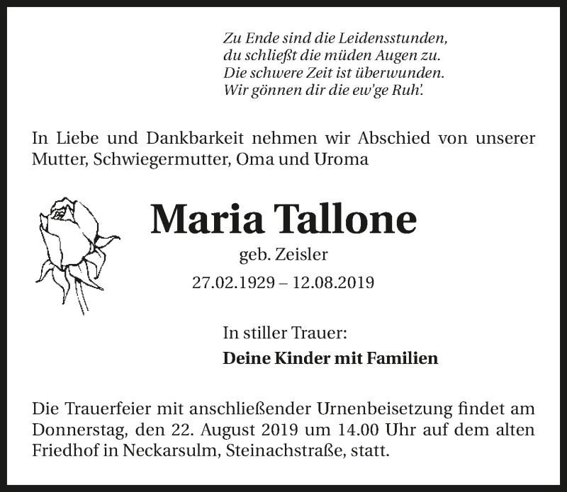  Traueranzeige für Maria Tallone vom 17.08.2019 aus 