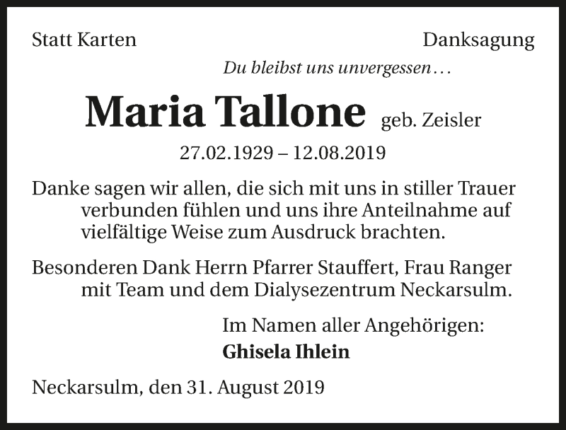  Traueranzeige für Maria Tallone vom 31.08.2019 aus 