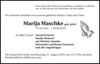 Traueranzeige von Marija Maschke 