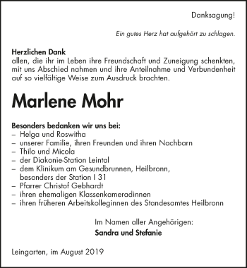 Traueranzeige von Marlene Mohr 