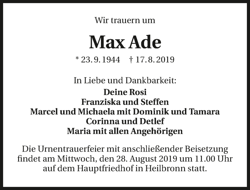  Traueranzeige für Max Ade vom 24.08.2019 aus 