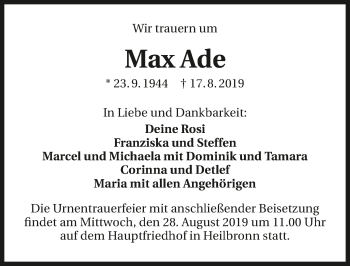 Traueranzeige von Max Ade 