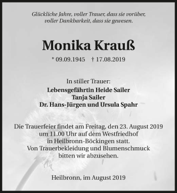 Traueranzeige von Monika Krauß 