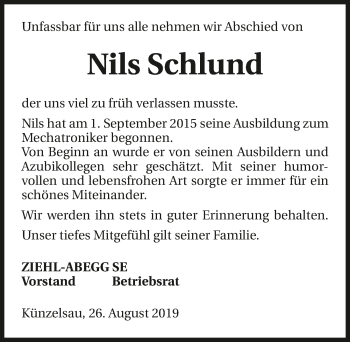 Traueranzeige von Nils Schlund 