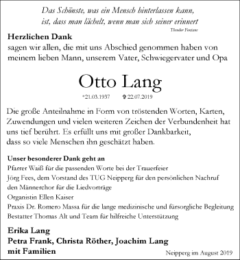 Traueranzeige von Otto Lang 