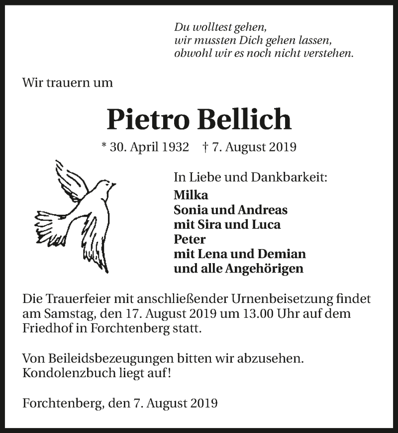  Traueranzeige für Pietro Bellich vom 14.08.2019 aus 