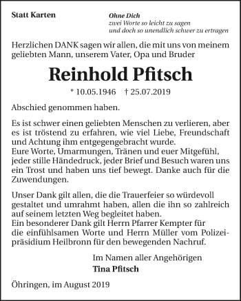 Traueranzeige von Reinhold Pfitsch 