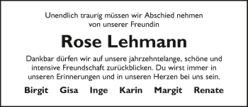 Traueranzeige von Rose Lehmann 