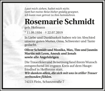 Traueranzeige von Rosemarie Schmidt 