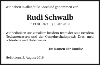 Traueranzeige von Rudi Schwalb 