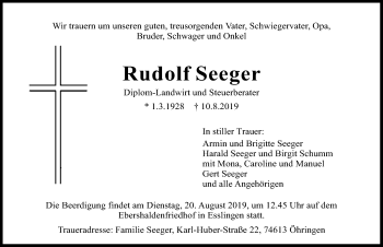Traueranzeige von Rudolf Seeger 