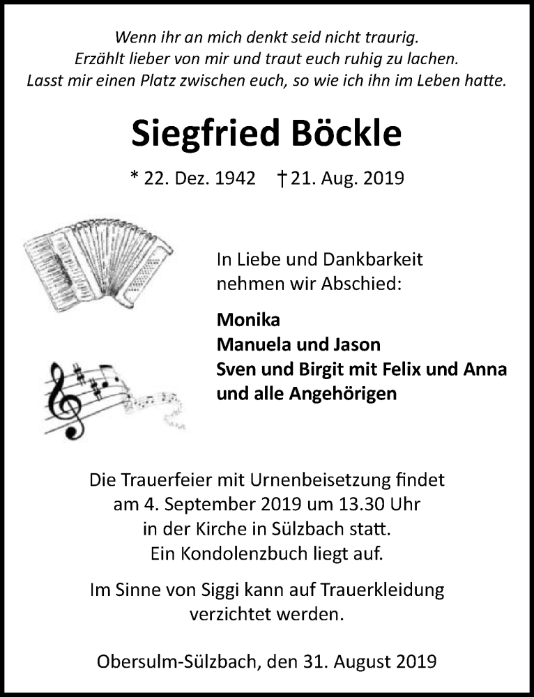  Traueranzeige für Siegfried Böckle vom 31.08.2019 aus 