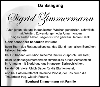 Traueranzeige von Sigrid Zimmermann 