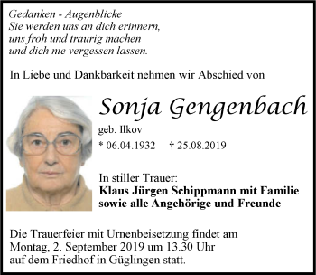 Traueranzeige von Sonja Gengenbach 