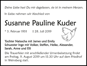 Traueranzeige von Susanne Pauline Kuder 