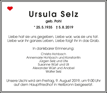 Traueranzeige von Ursula Selz 