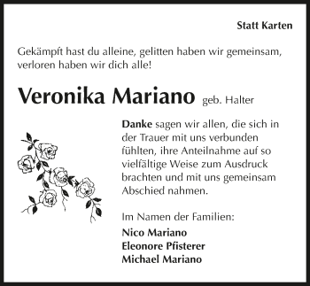 Traueranzeige von Veronika Mariano 