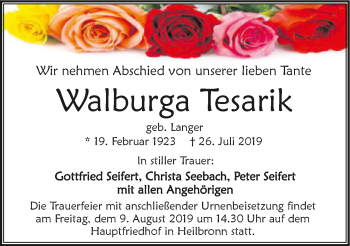 Traueranzeige von Walburga Tesarik 