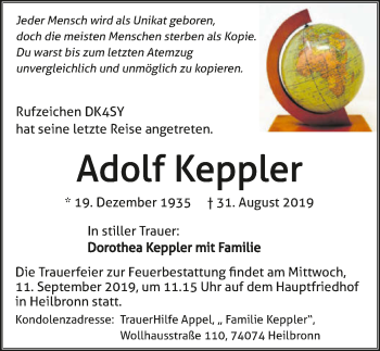 Traueranzeige von Adolf Keppler 