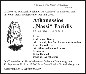 Traueranzeige von Athanassios Pazidis 