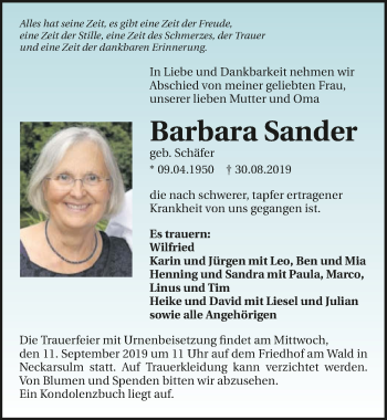 Traueranzeige von Barbara Sander 