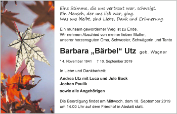 Traueranzeige von Barbara Utz 