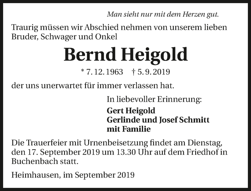  Traueranzeige für Bernd Heigold vom 14.09.2019 aus 
