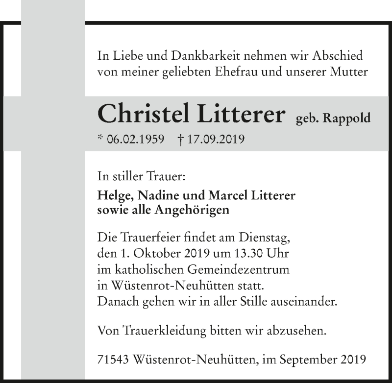  Traueranzeige für Christel Litterer vom 28.09.2019 aus 