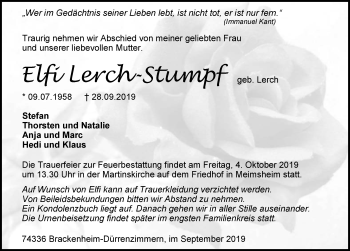 Traueranzeige von Elfi Lerch-Stumpf 