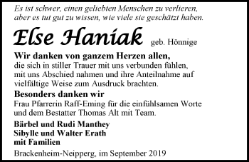 Traueranzeige von Else Haniak 