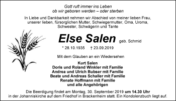 Traueranzeige von Else Salen 