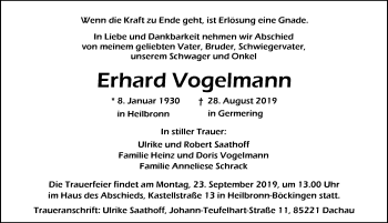 Traueranzeige von Erhard Vogelmann 