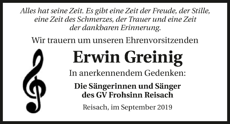  Traueranzeige für Erwin Greinig vom 26.09.2019 aus 
