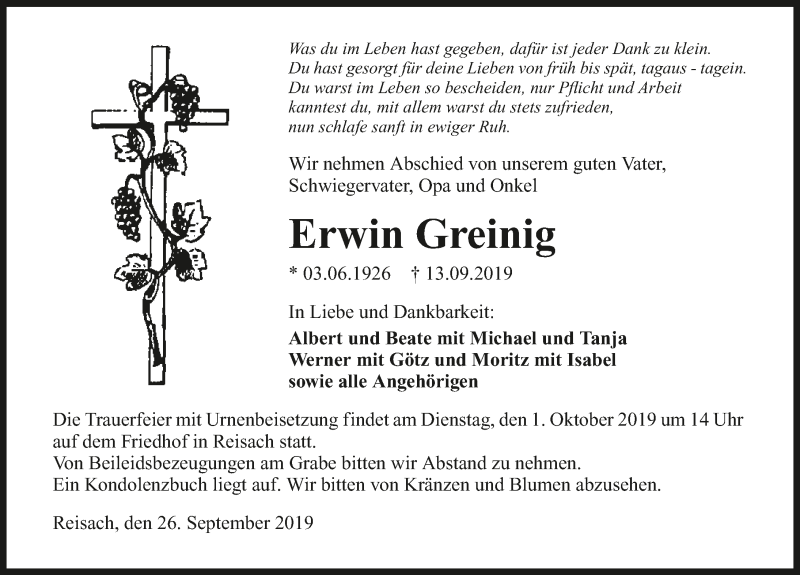  Traueranzeige für Erwin Greinig vom 26.09.2019 aus 