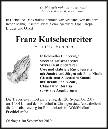 Traueranzeige von Franz Kutschenreiter 