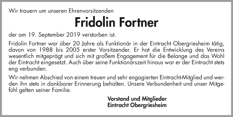  Traueranzeige für Fridolin Fortner vom 24.09.2019 aus 