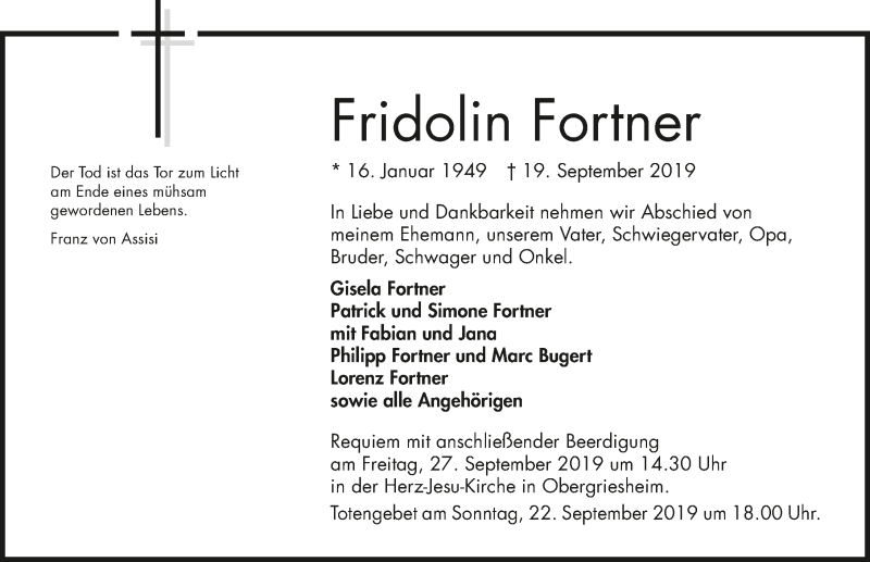  Traueranzeige für Fridolin Fortner vom 21.09.2019 aus 