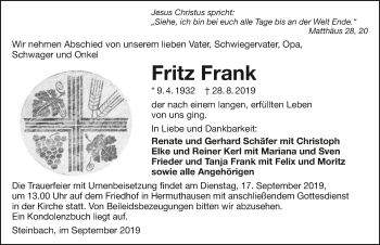 Traueranzeige von Fritz Frank 